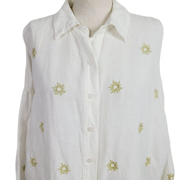 Anthropologie Top XS White Gold Linen Blend Embroidered Sun/Star Oversized Shirt - Picture 2 of 9